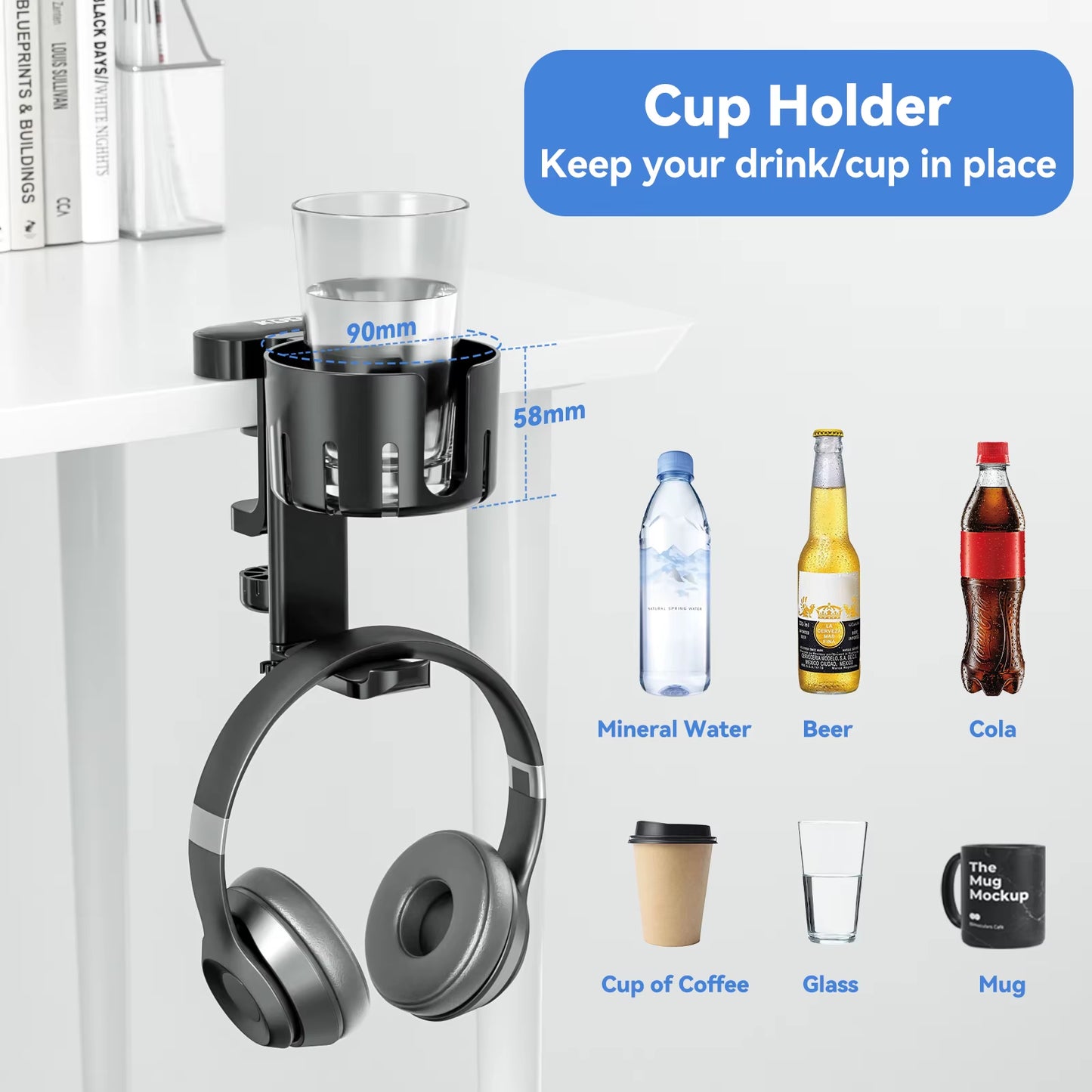 Desk Controller Holder 5 in 1 Rotating Headphone Hanger with Cup Holder Clamp on Desk Organizer Holds Controller Cup Cell Phone