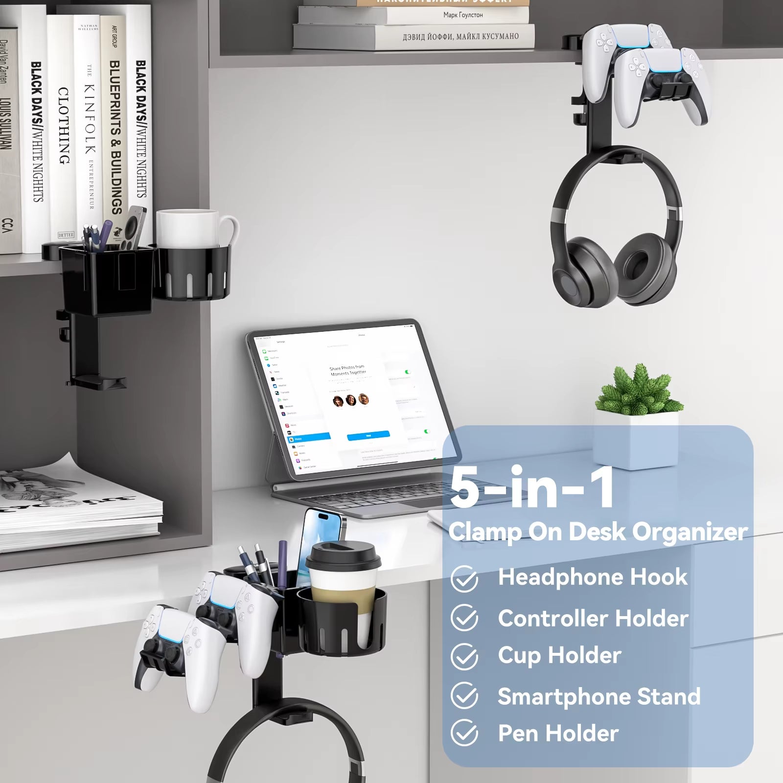 Desk Controller Holder 5 in 1 Rotating Headphone Hanger with Cup Holder Clamp on Desk Organizer Holds Controller Cup Cell Phone