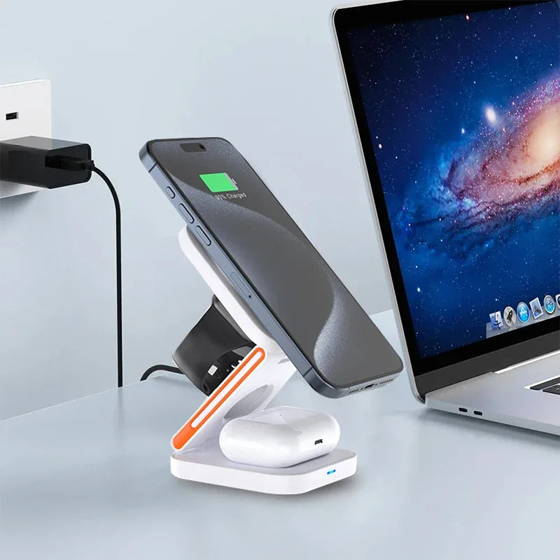 30W 3 in 1 Foldable Charging Station Fast Magnetic Wireless Charger Stand for Iphone 15 14 13 12 Apple Watch 8 7 6 Airpods Pro