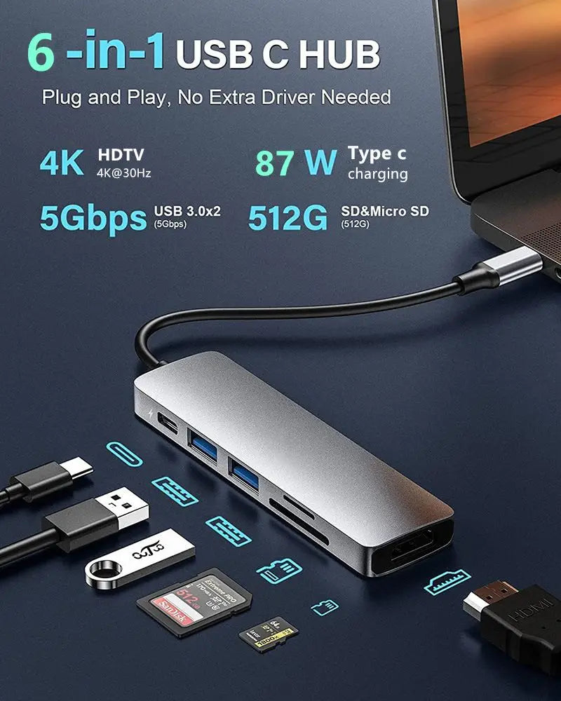 6/5/4/3 Ports USB C Hub to 4K Hdmi-Compatible PD Fast Charge USB 3.0 2.0 HUB 4K 30Hz Charging Docking for Macbook Ipad Samsung