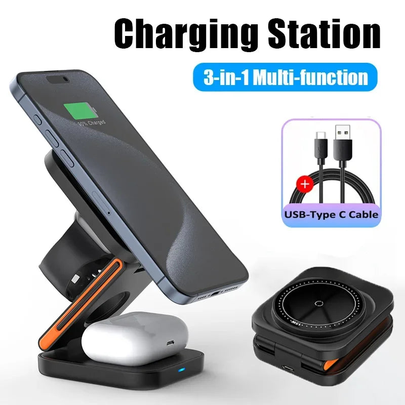30W 3 in 1 Foldable Charging Station Fast Magnetic Wireless Charger Stand for Iphone 15 14 13 12 Apple Watch 8 7 6 Airpods Pro