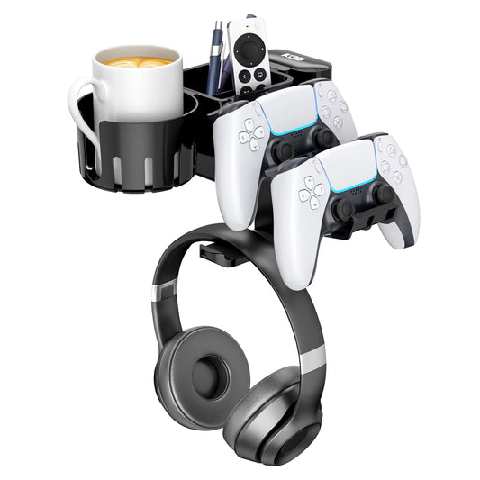Desk Controller Holder 5 in 1 Rotating Headphone Hanger with Cup Holder Clamp on Desk Organizer Holds Controller Cup Cell Phone